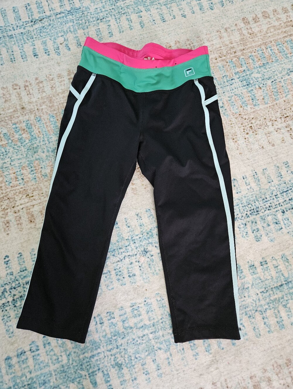 Fila Black Leggings with Pink and Green Waistband and Mint Trim
